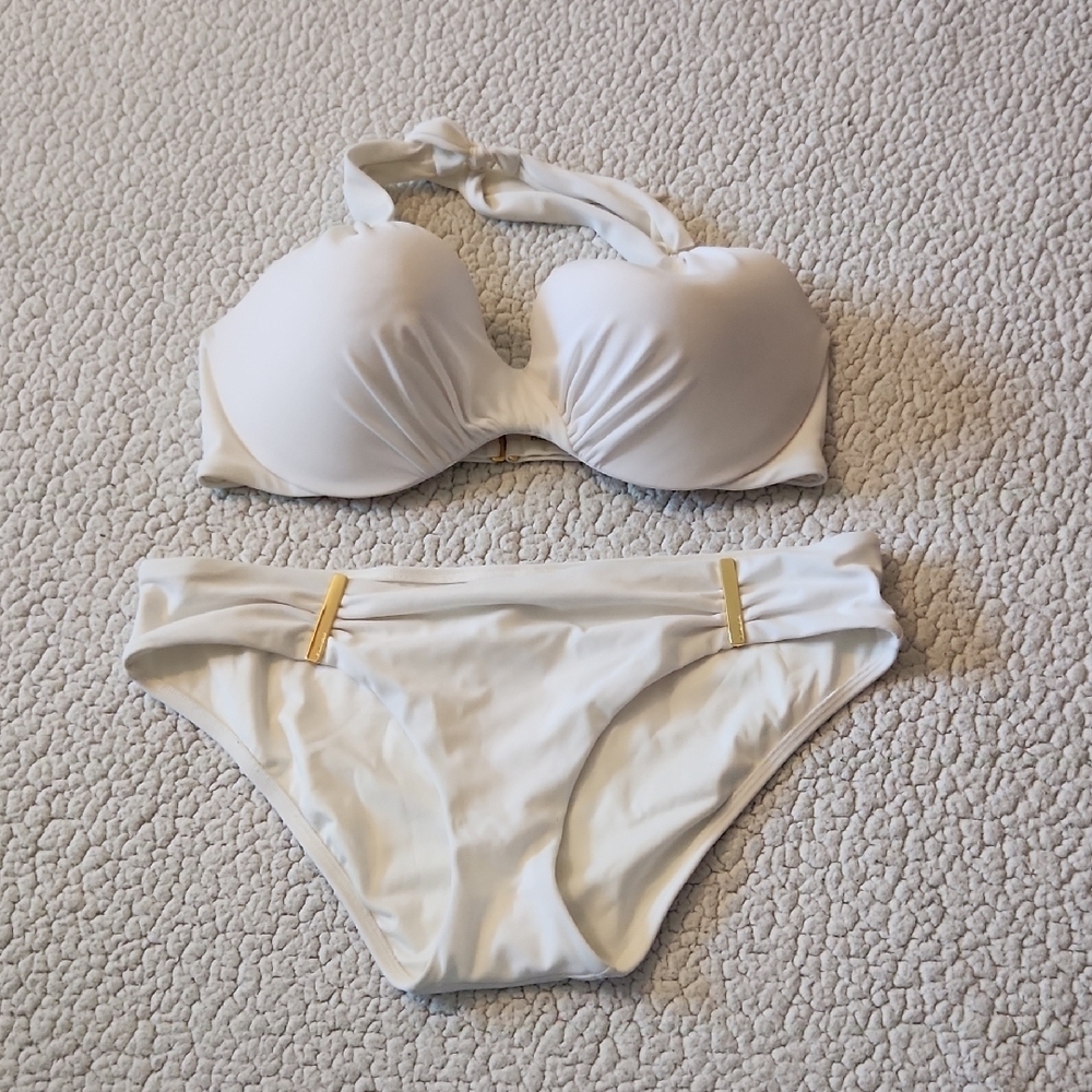 Victoria"sSecret WhiteGold Pushup Halter Crisscross Ruched Bikini Set Resortwear